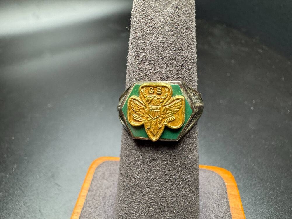 Vintage Girl Scouts Sterling Silver 925 Ring GS Logo Emblem Green Enamel